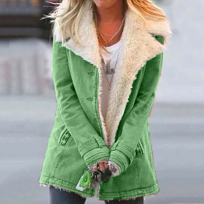 Women's hip-length coat with long sleeves, button front and shearling-style collar