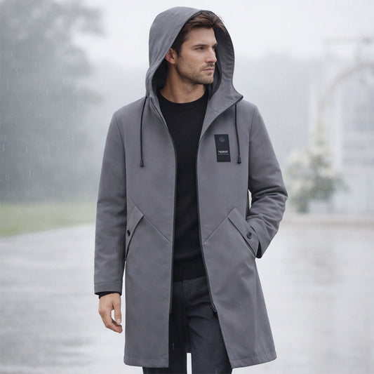Men's long hooded rain jacket with full-zip front and flap pockets