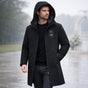 Men's long hooded rain jacket with full-zip front and flap pockets