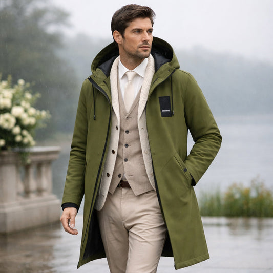 Men's long hooded rain jacket with full-zip front and flap pockets
