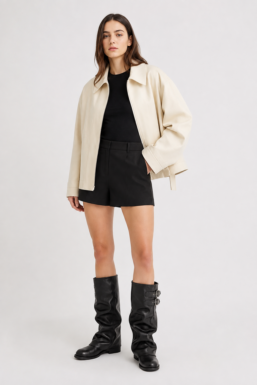 Women's tall slouch boots with double buckle straps and low heels