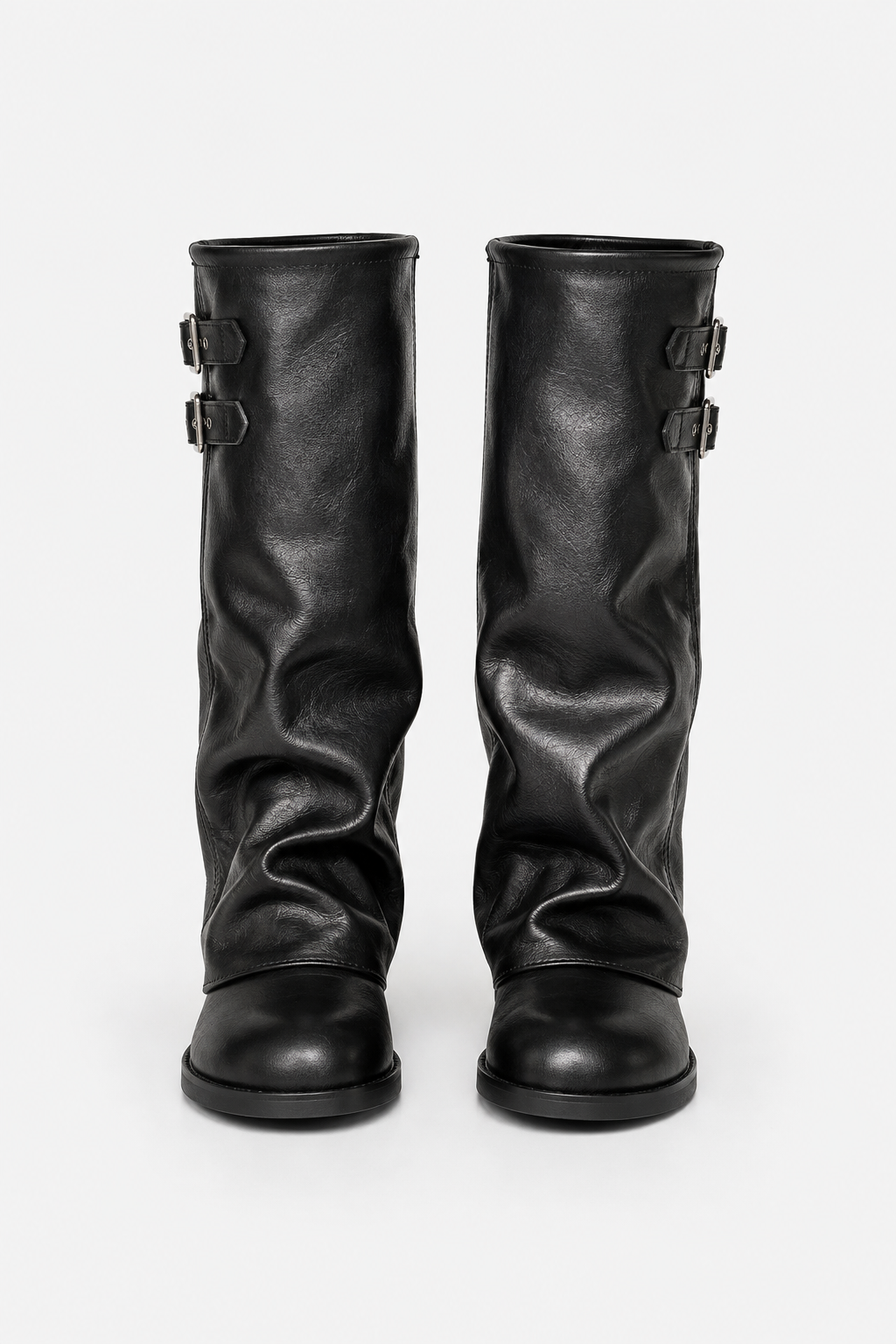 Women's tall slouch boots with double buckle straps and low heels