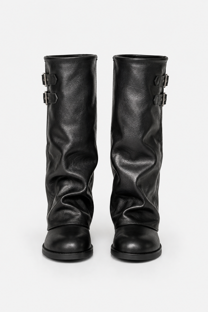 Women's tall slouch boots with double buckle straps and low heels