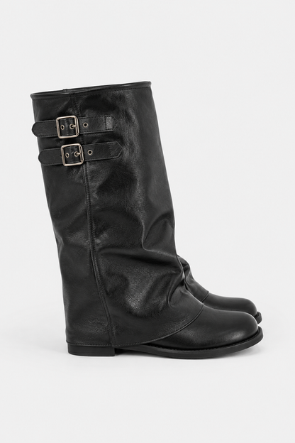 Women's tall slouch boots with double buckle straps and low heels