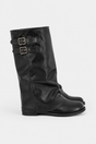 Women's tall slouch boots with double buckle straps and low heels