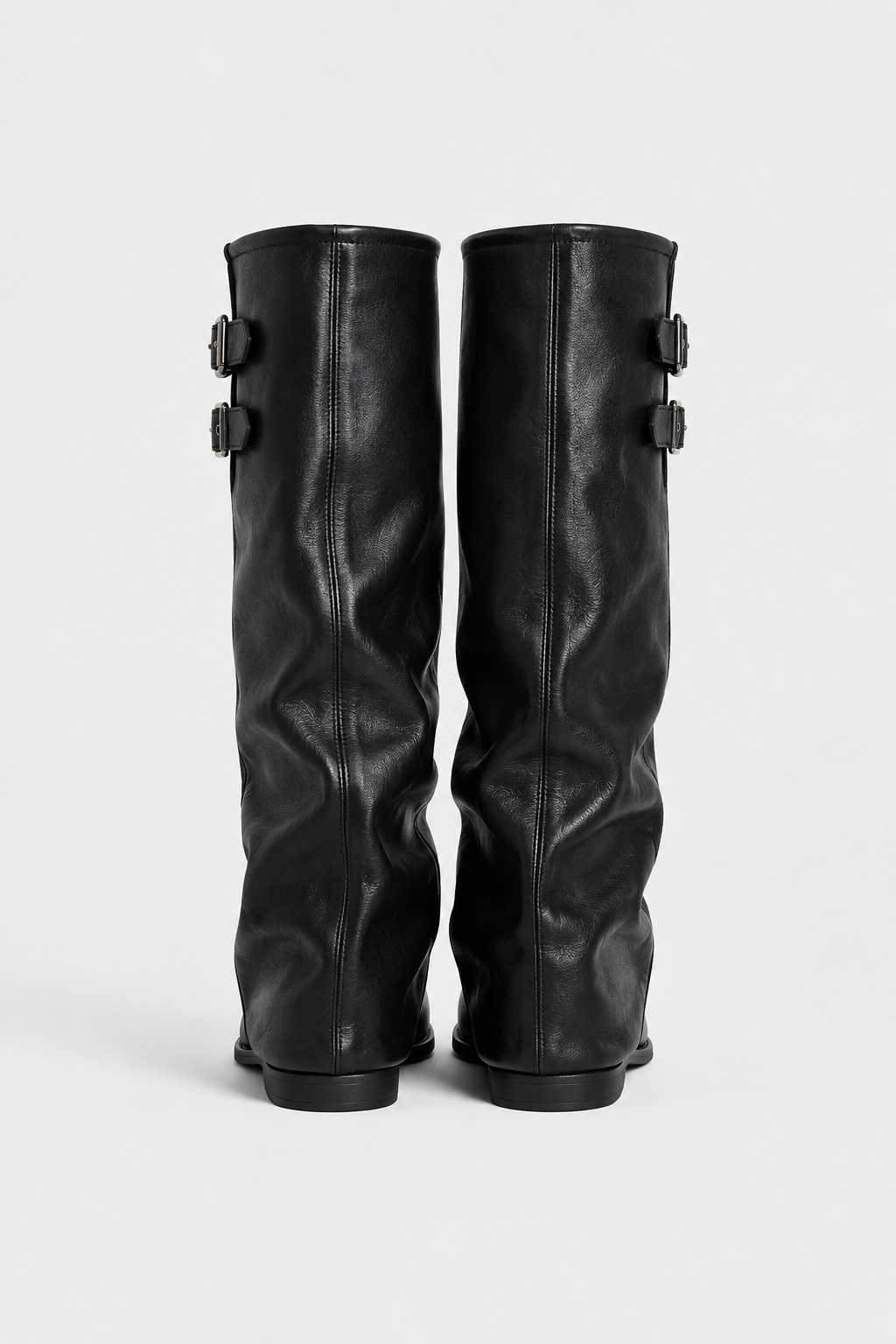 Women's tall slouch boots with double buckle straps and low heels