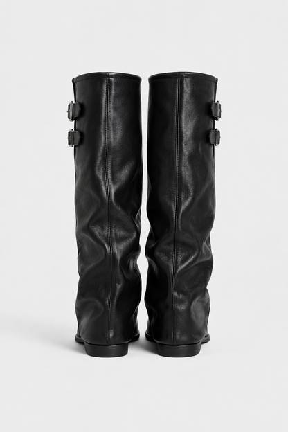 Women's tall slouch boots with double buckle straps and low heels