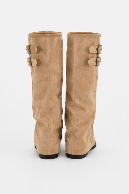 Women's tall slouch boots with double buckle straps and low heels