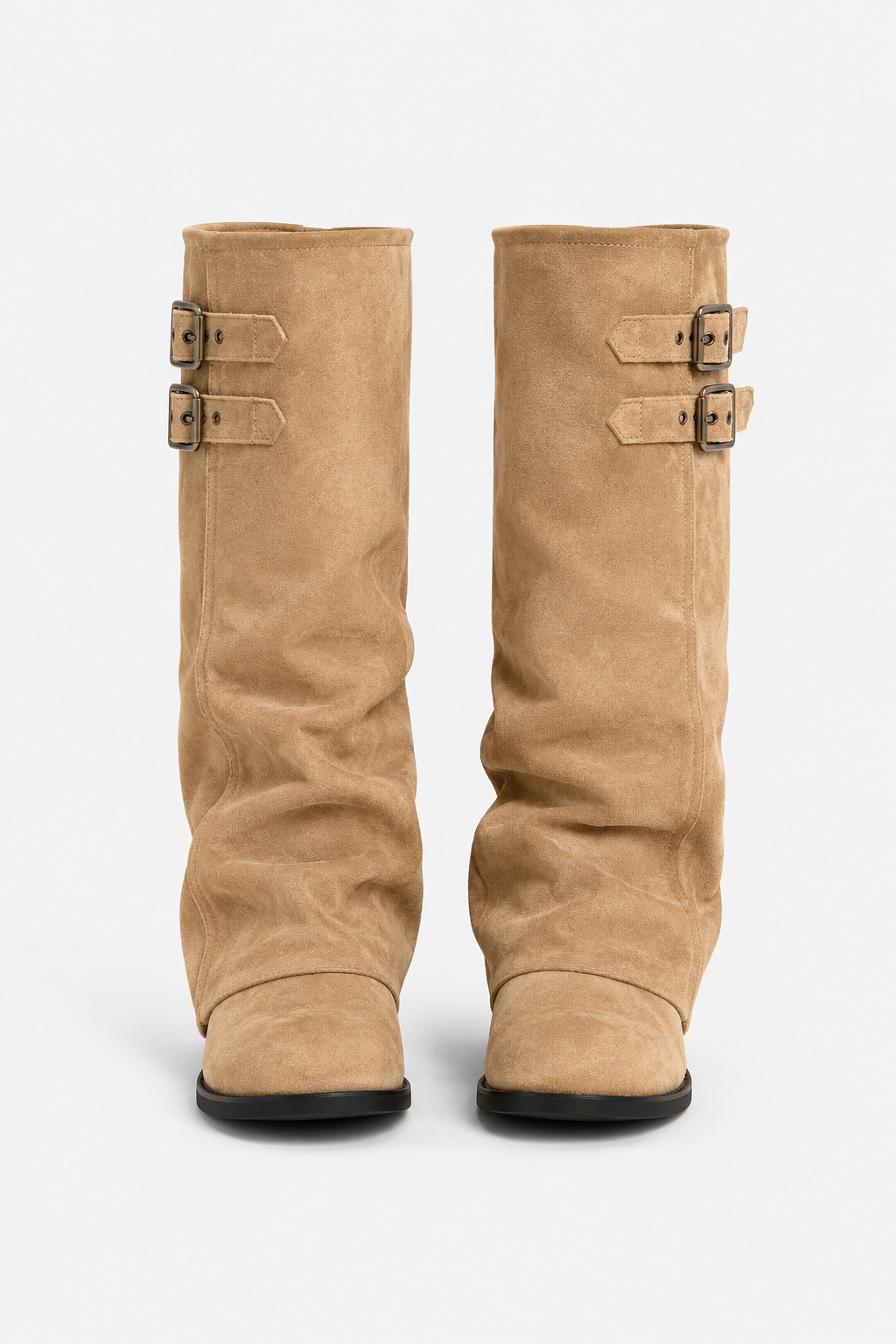 Women's tall slouch boots with double buckle straps and low heels