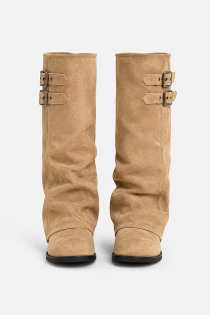Women's tall slouch boots with double buckle straps and low heels