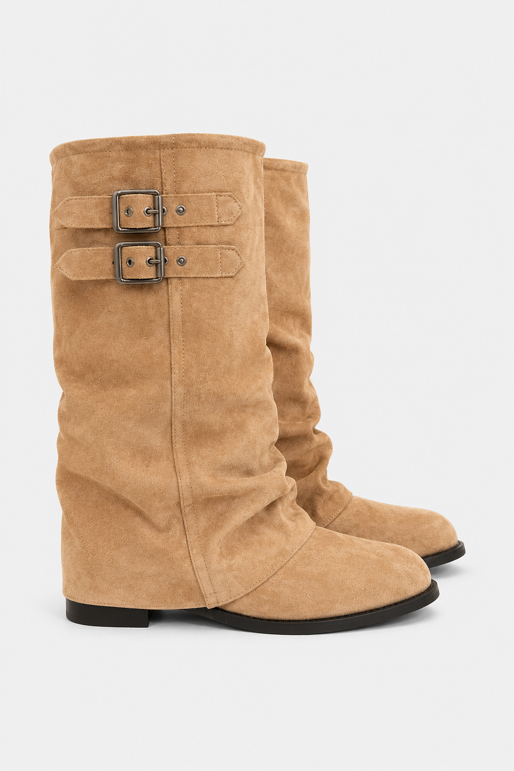 Women's tall slouch boots with double buckle straps and low heels