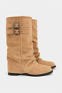 Women's tall slouch boots with double buckle straps and low heels