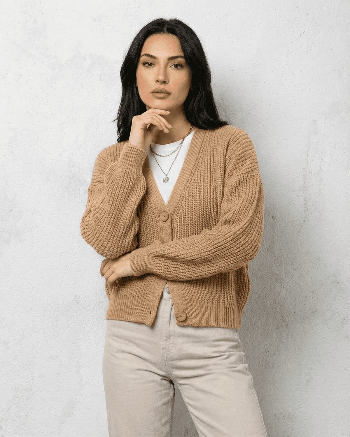 Women's beige textured V-neck cardigan with buttons and long sleeves