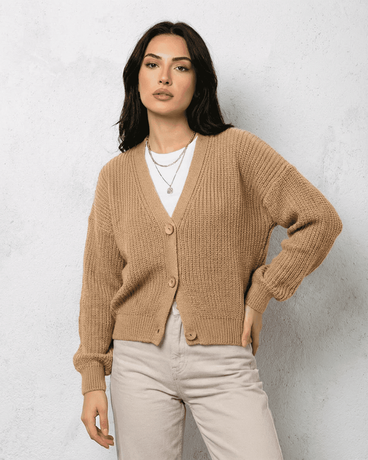 Women's beige textured V-neck cardigan with buttons and long sleeves