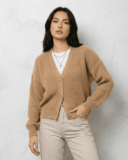 Women's beige textured V-neck cardigan with buttons and long sleeves