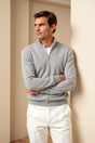 Men's fine knit zip cardigan with stand collar and ribbed trims