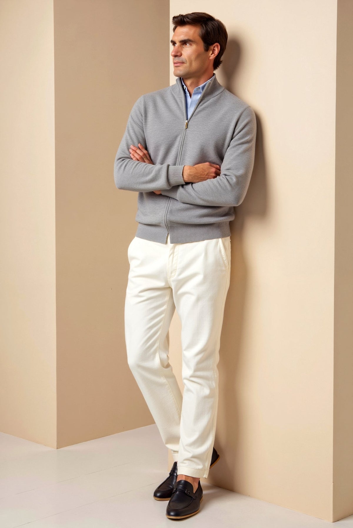 Men's fine knit zip cardigan with stand collar and ribbed trims