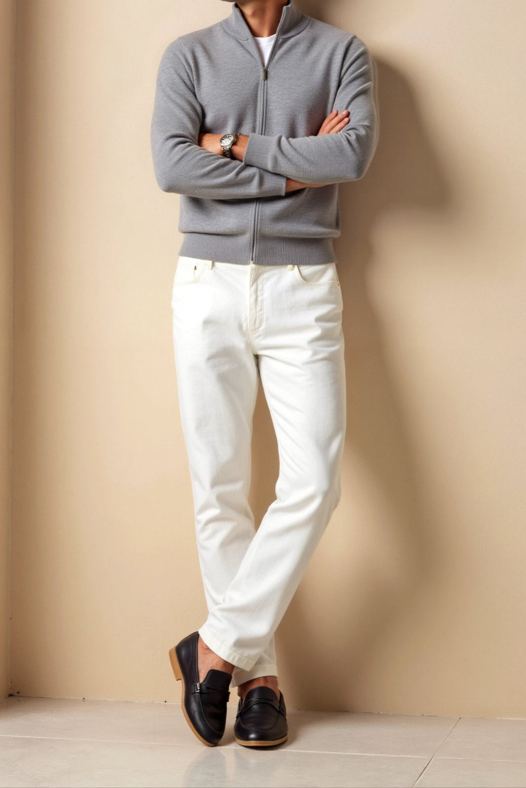 Men's fine knit zip cardigan with stand collar and ribbed trims