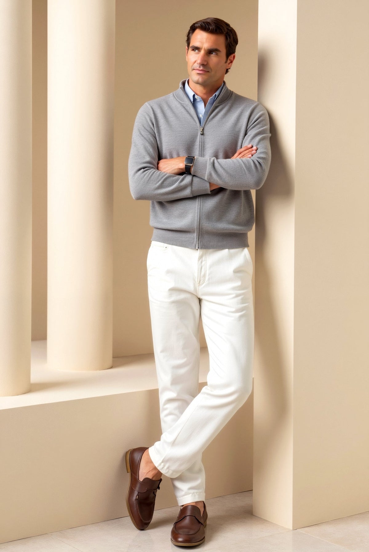 Men's fine knit zip cardigan with stand collar and ribbed trims