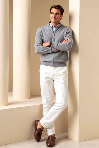 Men's fine knit zip cardigan with stand collar and ribbed trims