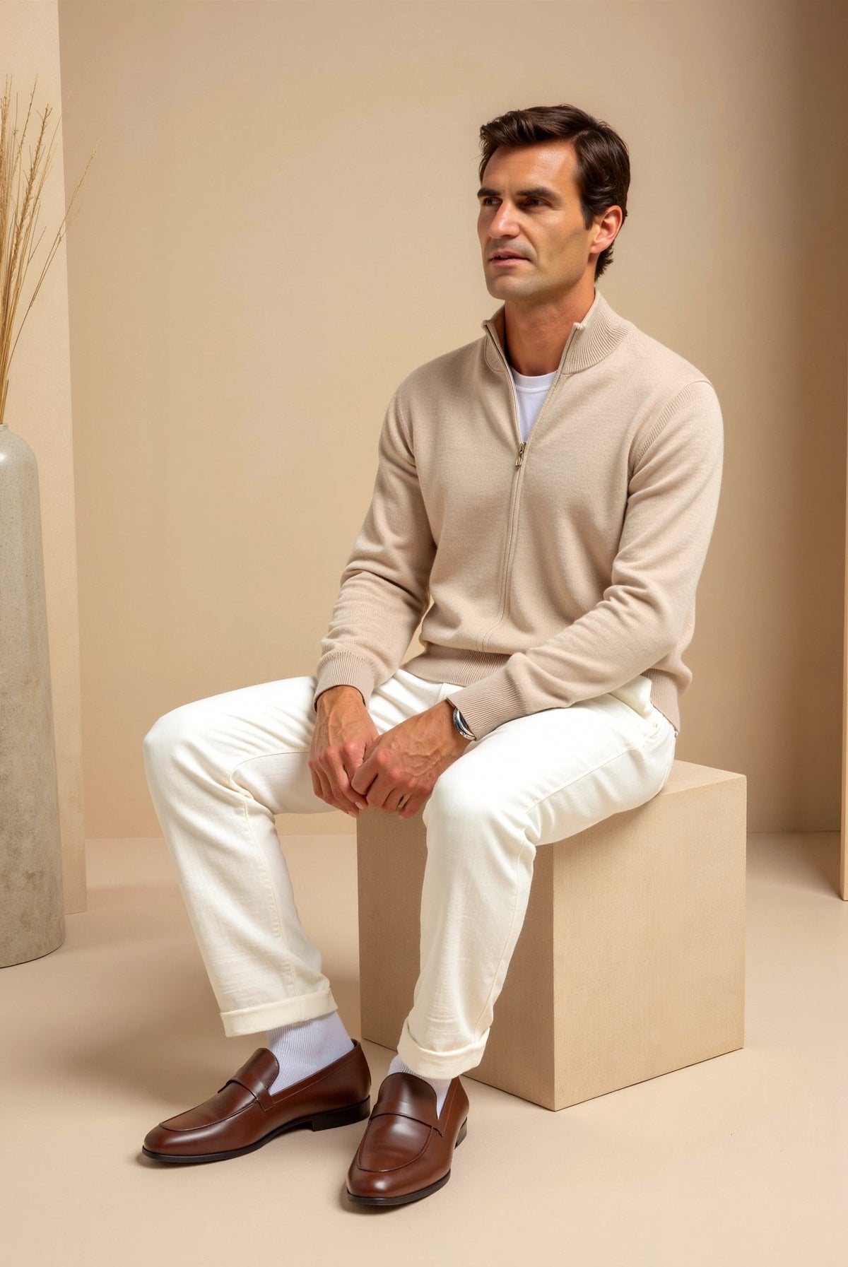 Men's fine knit zip cardigan with stand collar and ribbed trims