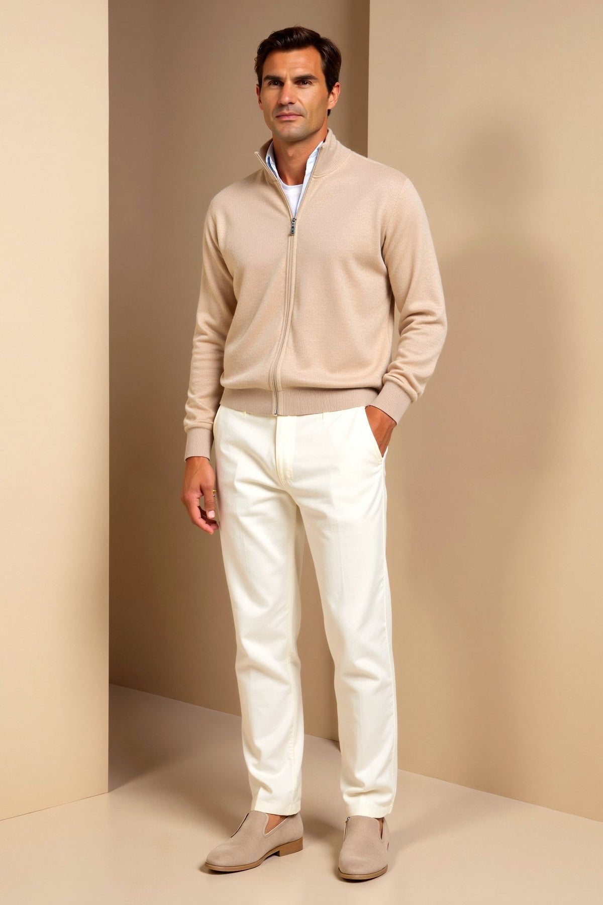 Men's fine knit zip cardigan with stand collar and ribbed trims
