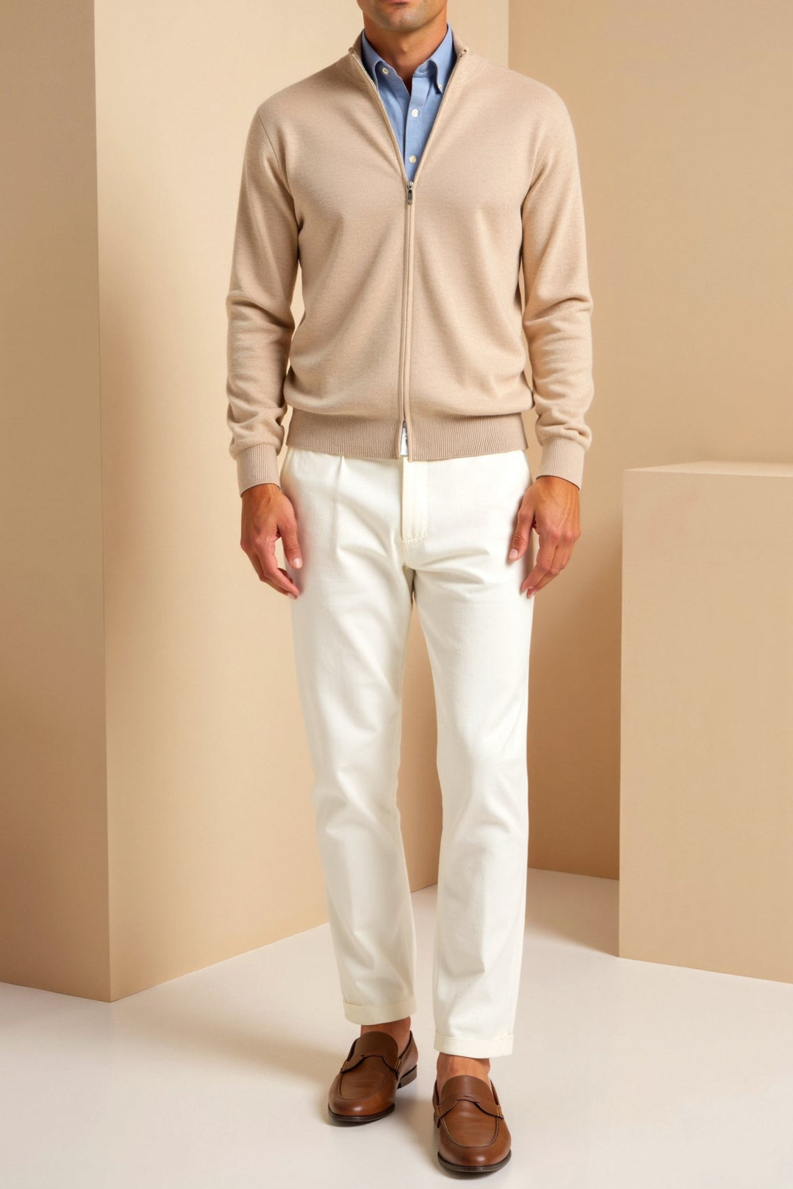 Men's fine knit zip cardigan with stand collar and ribbed trims