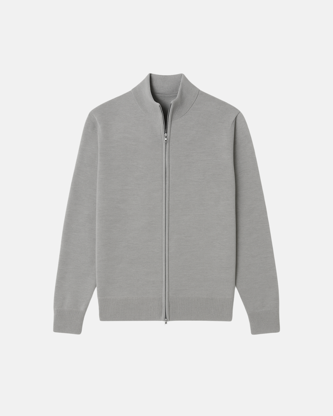 Men's fine knit zip cardigan with stand collar and ribbed trims