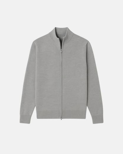 Men's fine knit zip cardigan with stand collar and ribbed trims