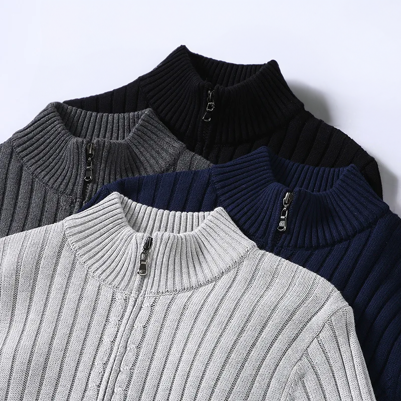 Men's ribbed knit cardigan with mock collar and full front zipper