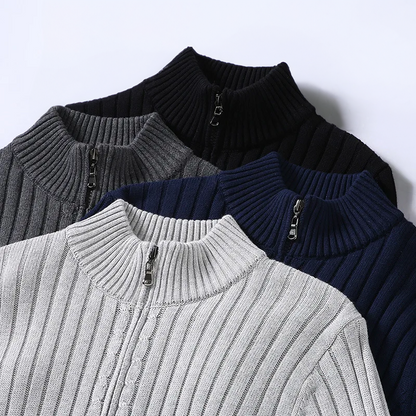 Men's ribbed knit cardigan with mock collar and full front zipper
