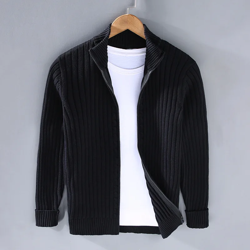 Men's ribbed knit cardigan with mock collar and full front zipper