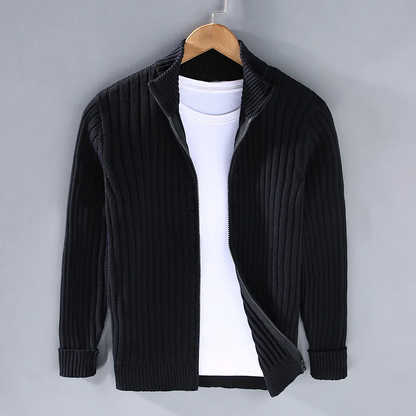 Men's ribbed knit cardigan with mock collar and full front zipper