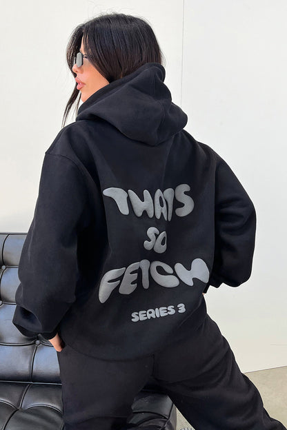 Women's black cropped hoodie with hood, long sleeves and contrasting back graphic text