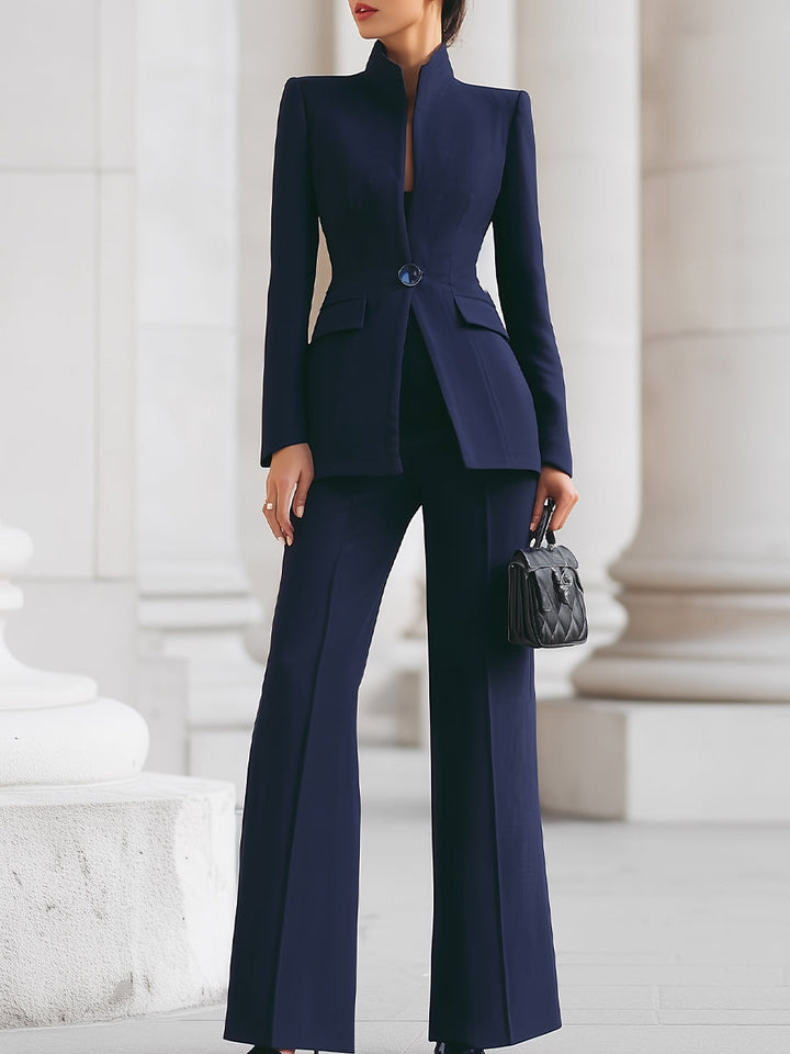 Women's tailored suit with high collar blazer and wide-leg trousers