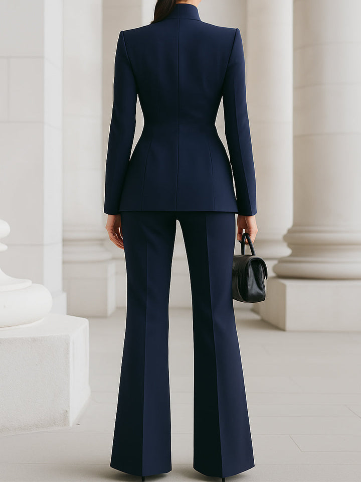 Women's tailored suit with high collar blazer and wide-leg trousers