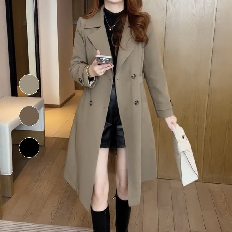Women's long double-breasted coat with lapel collar and long sleeves