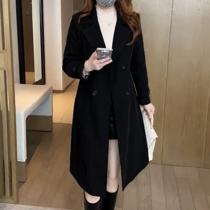 Women's long double-breasted coat with lapel collar and long sleeves