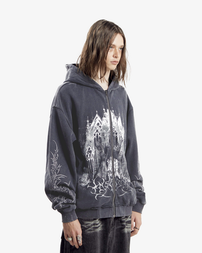 Black hooded zip hoodie with monochrome cathedral graphic and printed sleeves