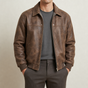 Men's faux leather bomber jacket with shirt collar, zipper front and ribbed trims