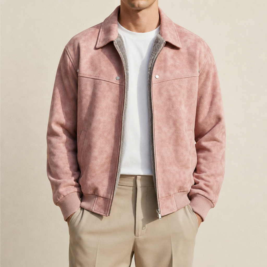 Men's faux leather bomber jacket with shirt collar, zipper front and ribbed trims