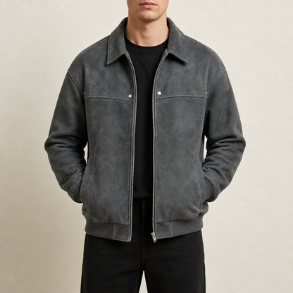 Men's faux leather bomber jacket with shirt collar, zipper front and ribbed trims