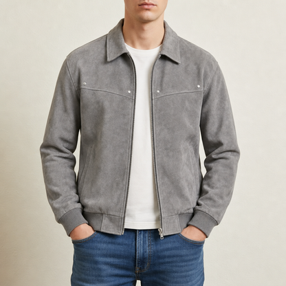 Men's faux leather bomber jacket with shirt collar, zipper front and ribbed trims