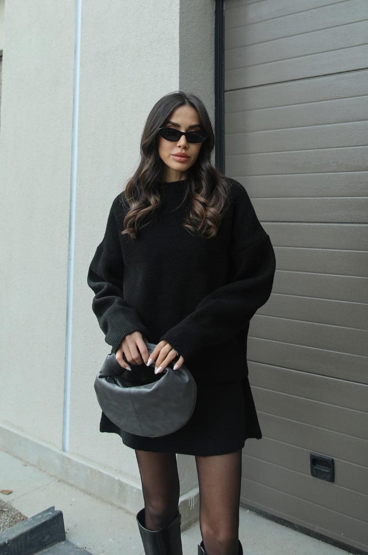 Women's long-sleeve knit sweater and short skirt set