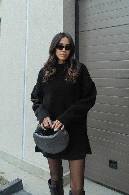 Women's long-sleeve knit sweater and short skirt set