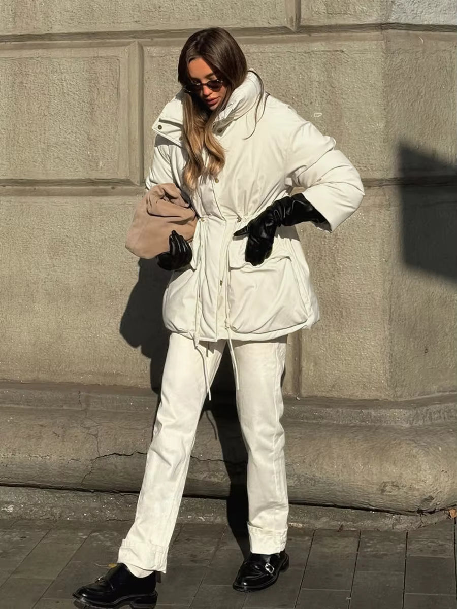 Women's beige padded puffer coat with stand collar, long sleeves and flap pockets