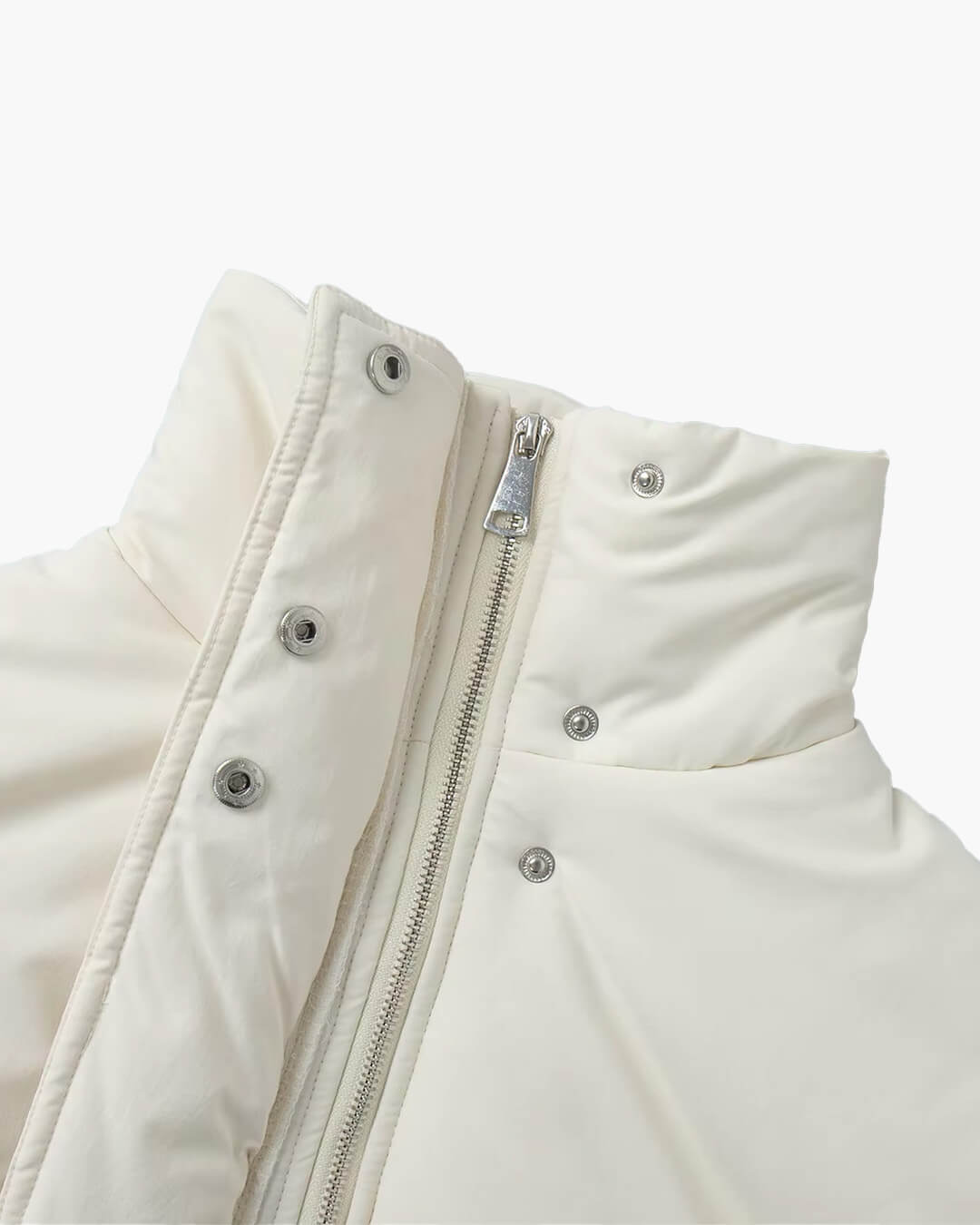 Women's beige padded puffer coat with stand collar, long sleeves and flap pockets