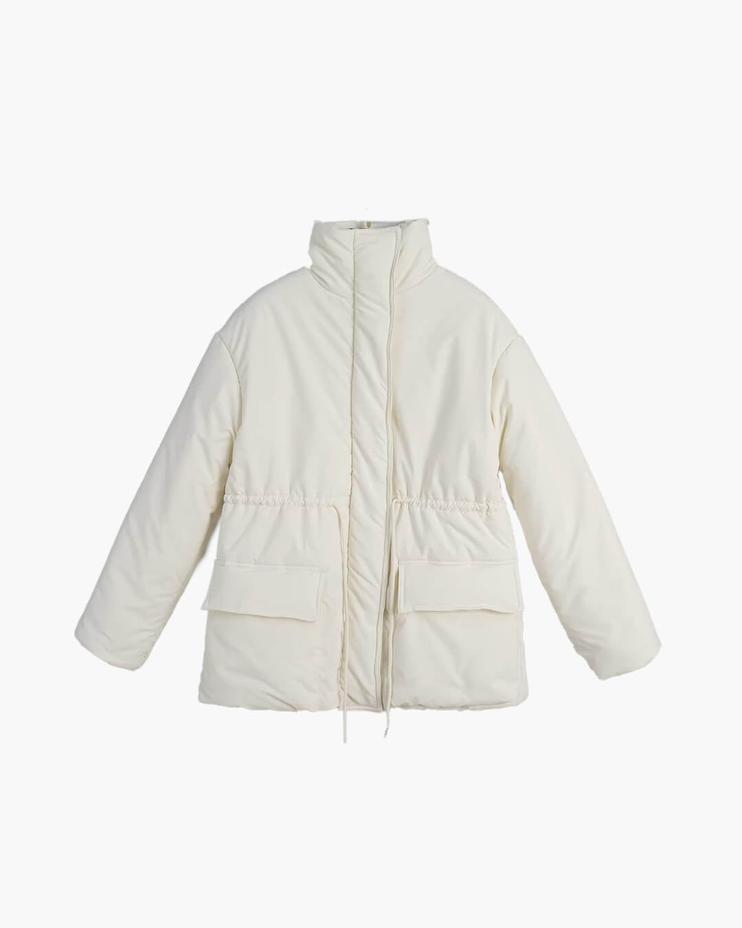 Women's beige padded puffer coat with stand collar, long sleeves and flap pockets