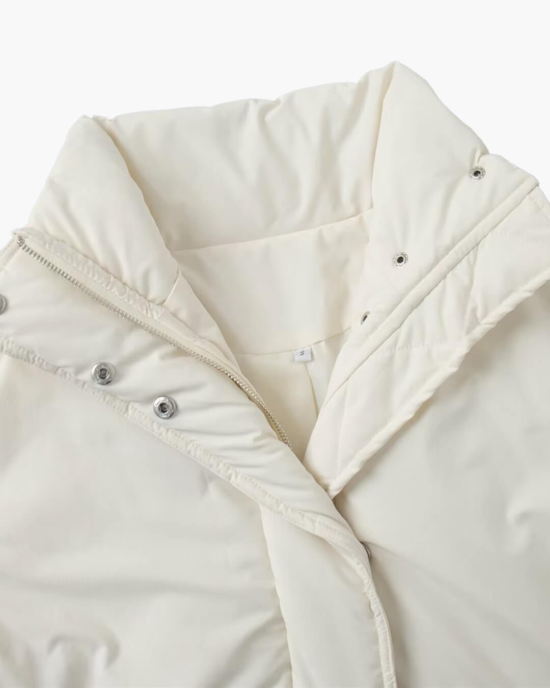 Women's beige padded puffer coat with stand collar, long sleeves and flap pockets
