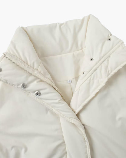 Women's beige padded puffer coat with stand collar, long sleeves and flap pockets